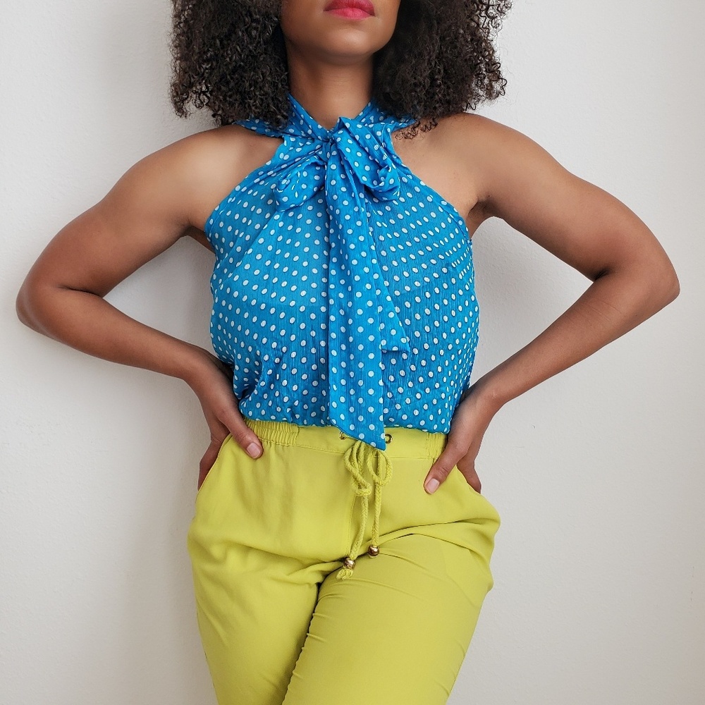 VTG Polka Dot Sleeveless Tie Neck Top